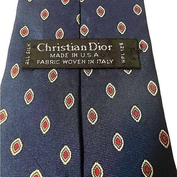 Christian Dior All Silk Navy Blue Red Patterned Necktie Tie 3.5” Width - Picture 2 of 8